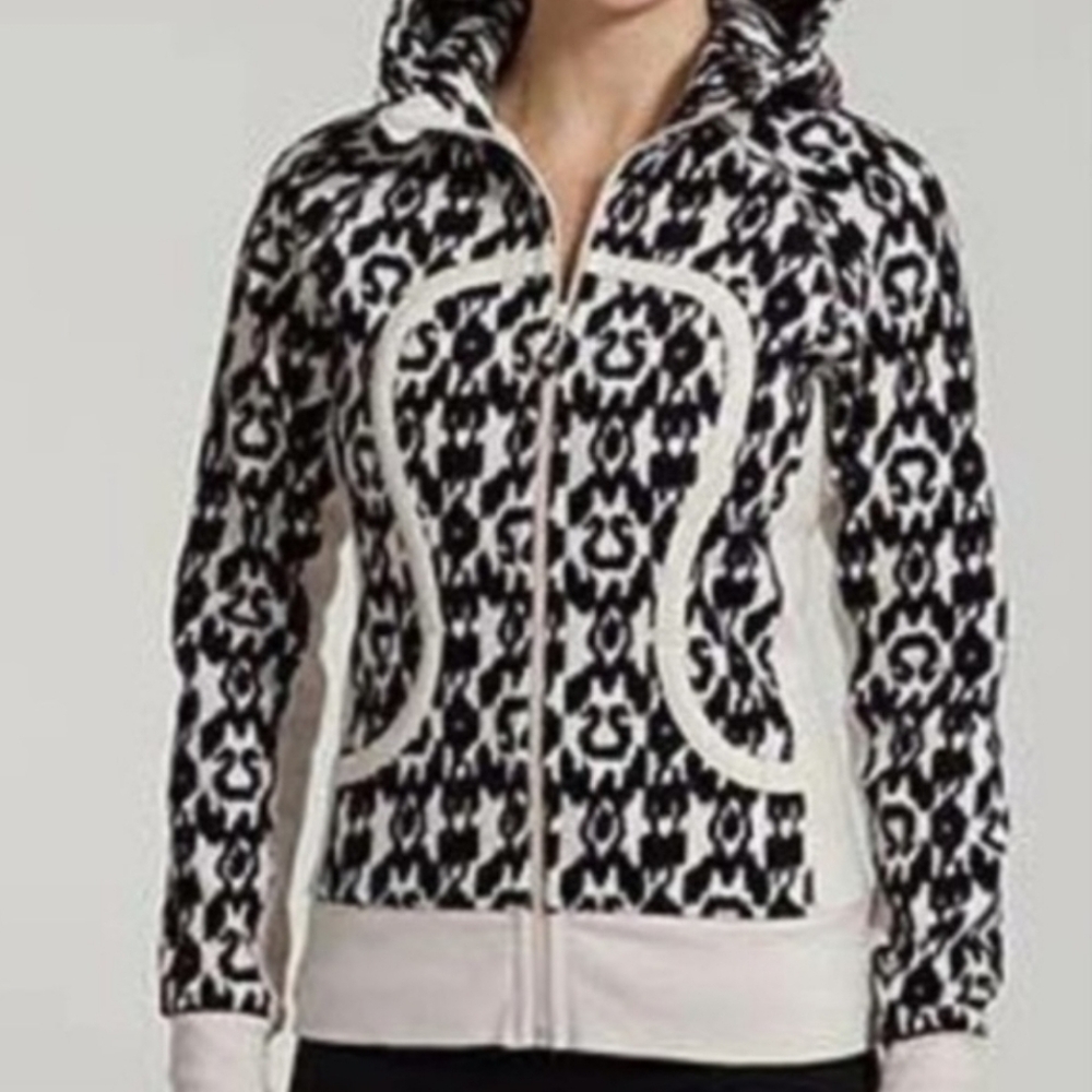 RARE Lululemon All-Over Logo IKAT Print Scuba Hoodie Jacket Size 12 Black Ivory - Picture 12 of 15